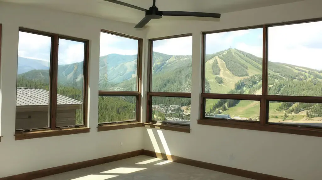 Pella fiberglass windows in Evergreen mountain home with snow-capped peaks