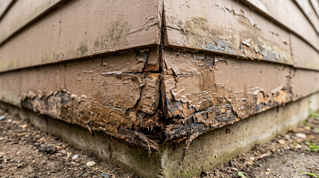Swollen and delaminating hardboard siding on a 1990s Denver suburban home